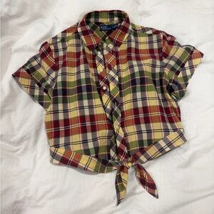 Polo Ralph Lauren Oxford Plaid Button Up Tie-Front Cropped Blouse Shirt